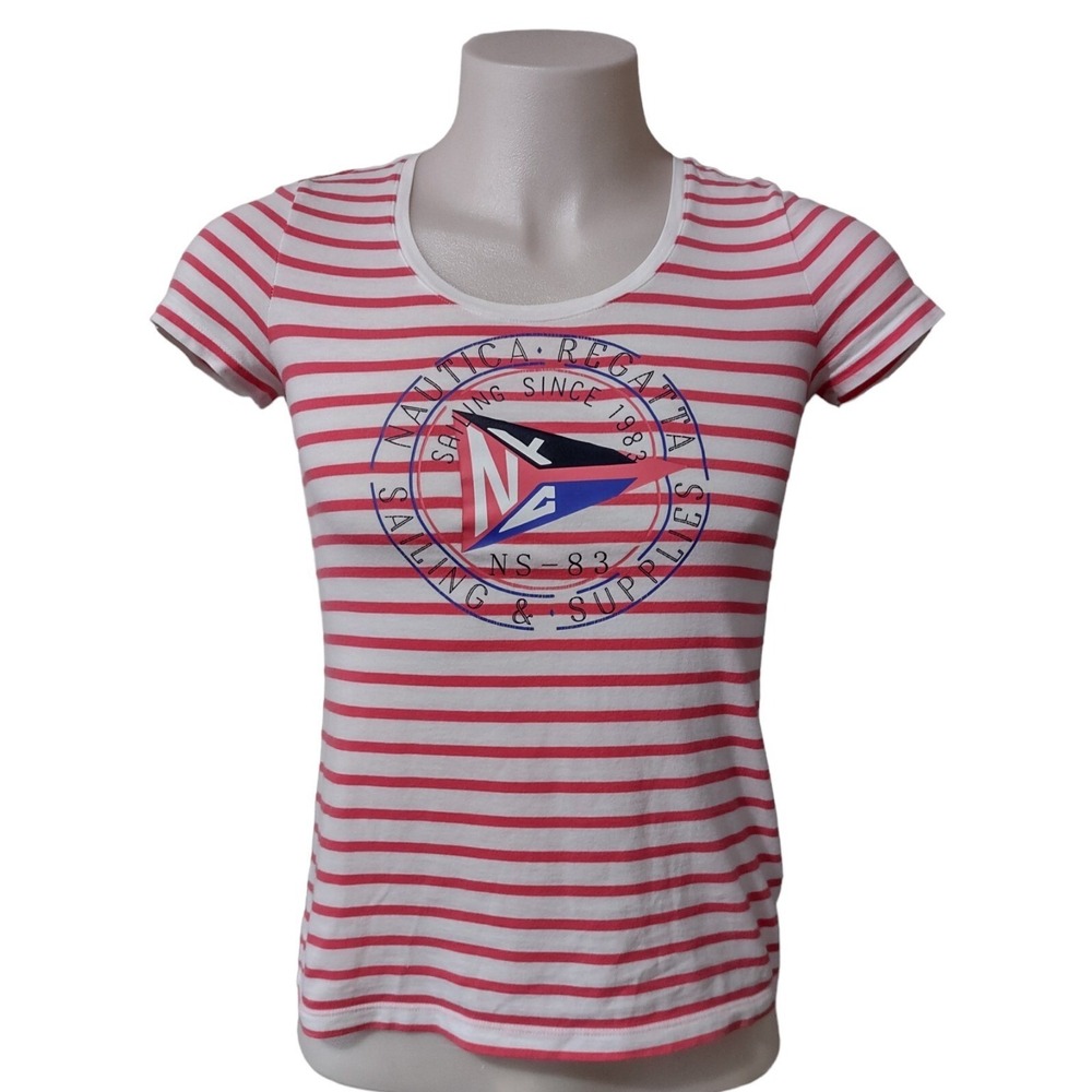 Nautica Shirt Graphic‎ Design Sailing Small Womens White Pink Striped Adult